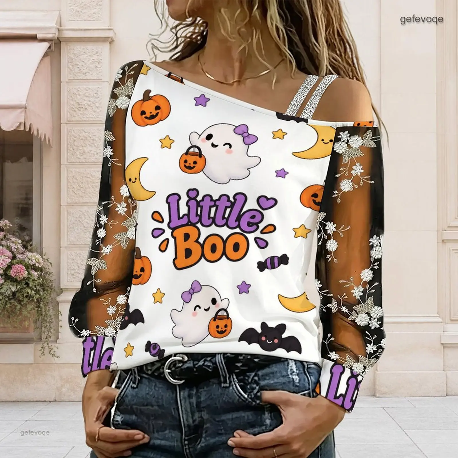 Women Halloween Cartoon Little Boo Ghost Pumpkin Print Asymmetric Off Shoulder Long Sleeve Top