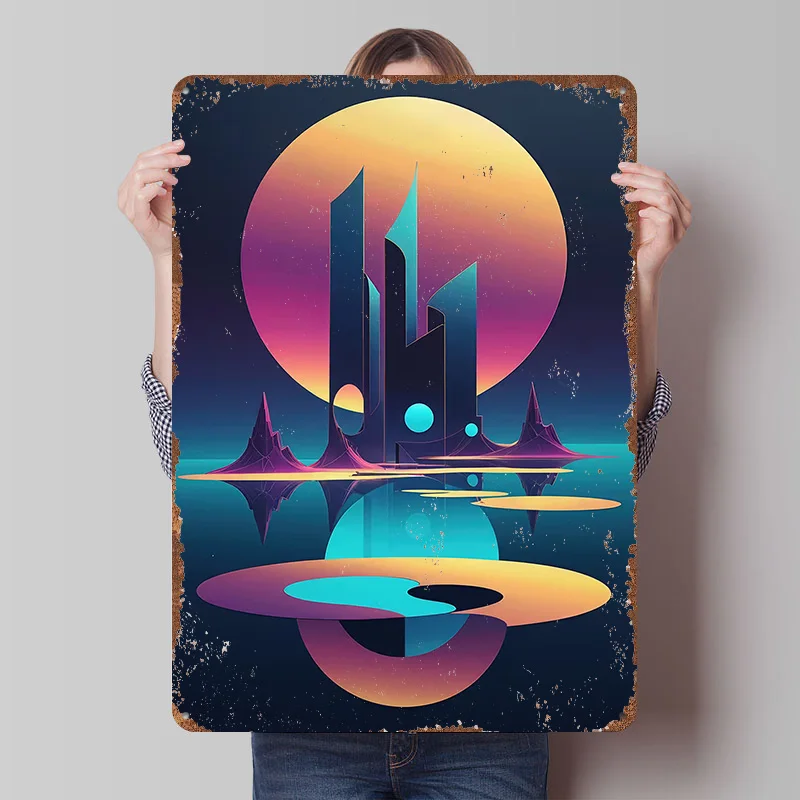 Neon Horizon: Futuristic Geometric Tinplate Poster Custom Wall Art Vintage Metal Signs Retro Tin Plaque for House Desk Decor