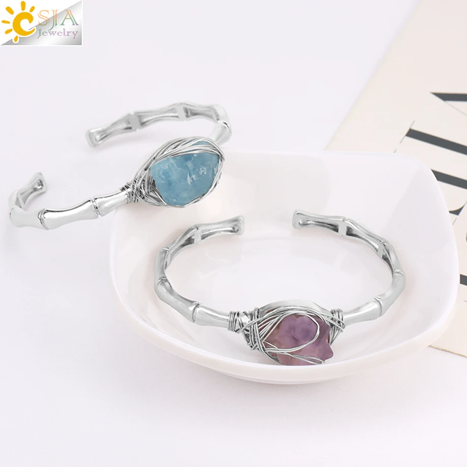 CSJA Natural Stone Cuff Bracelets Women Silver Color Wire Wrapped Irregular Raw Amethysts Aquamarine Crystal Healing Bangle H274