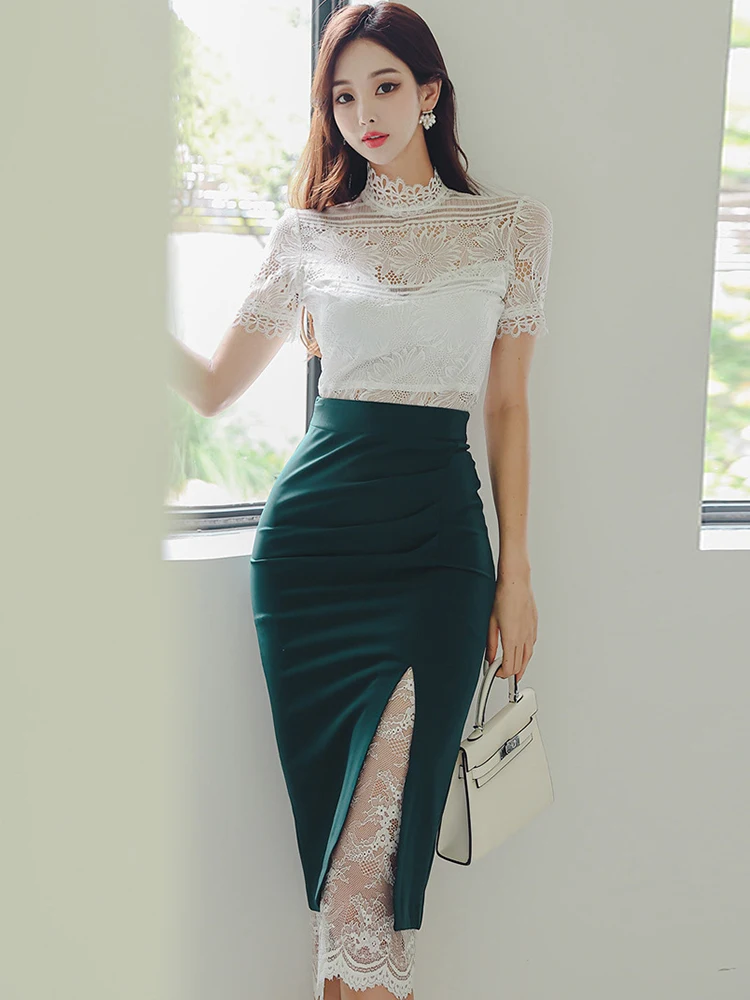 New Summer Women Clothes Work Style Elegant 2 Pieces Outfit Sexy Lace Tops Shirt Blouse And High Waist Midi Skirt Mujer Slim Set