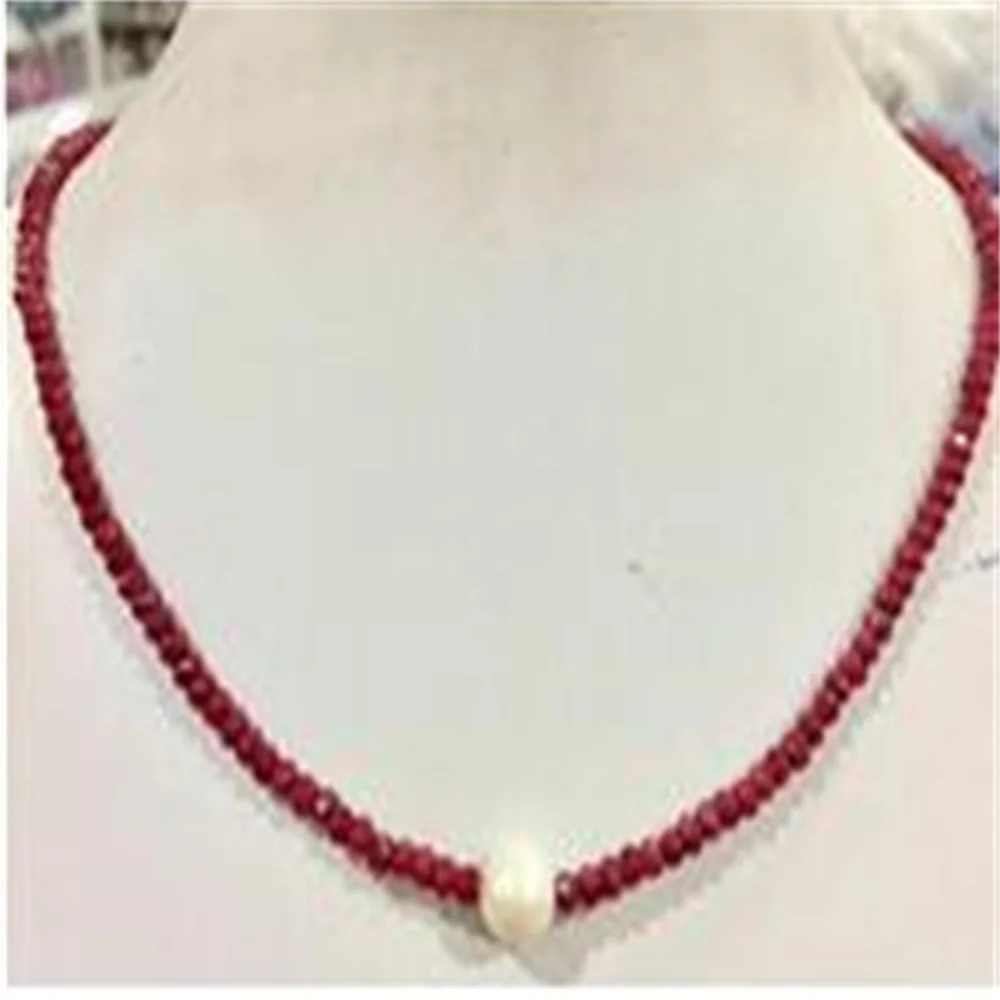 9-10mm White Freshwater Pearl & 2x4mm Red Ruby Roundel Faceted Necklace 18