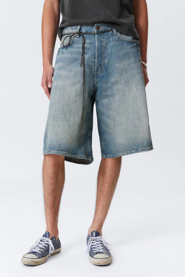 Summer New Trendy Men's Loose Straight Five-Point Distressed Breathable Casual Retro Blue Denim Shorts