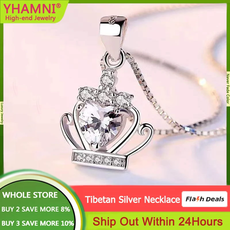 

YHAMNI 100% Original 925 Sterling Silver Zircon Crown Pendant Necklace Two Colors Queen Wind Cavicle Chain For Women Gifts ZN026