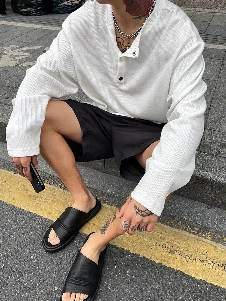 Loose Fit Long Sleeve Henry Collar T-Shirt Men's Retro Japanese Style CleanFit Textured Spring Autumn Seasonal Casual Top