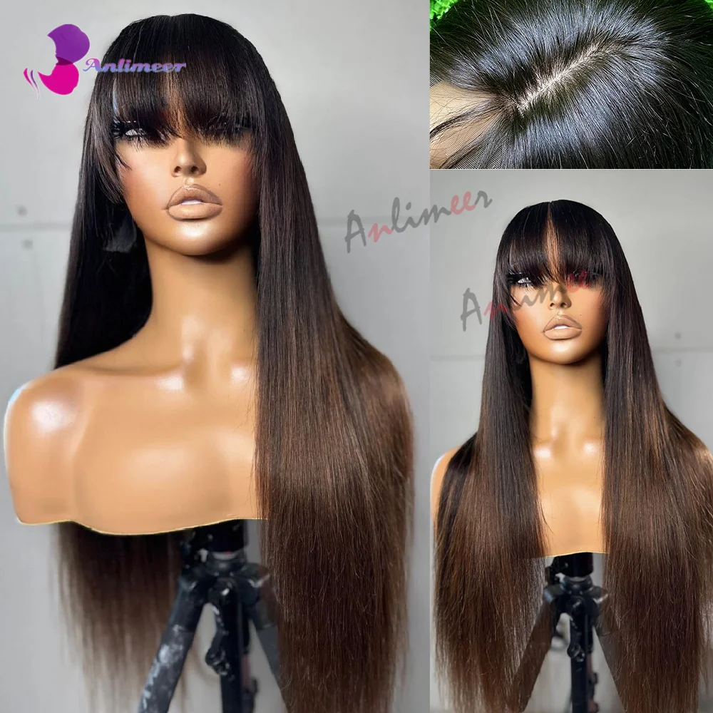 Ombre Chocoloate Brown Lace Front Wig Human Hair Wigs With Bangs Straight Closure Wigs Human Hair Pre Plucked 5x5 Silk Base Wig