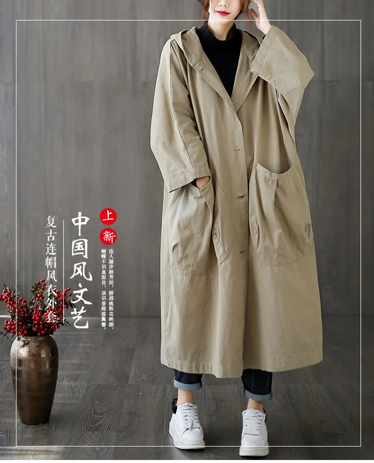 Lässiger, übergroßer, langer Damen-Trenchcoat mit großen Taschen, knielang, mit Kapuze, winddicht, warm, mit Knöpfen, Mädchen-Trenchcoat – Detail 1