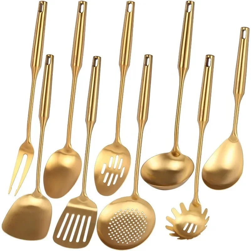 

Gold Kitchen Utensils Set - 18/10 Stainless Steel Cooking Tools, 15" All Metal Serving Utensils with Fork, Solid/Slotted Spoon