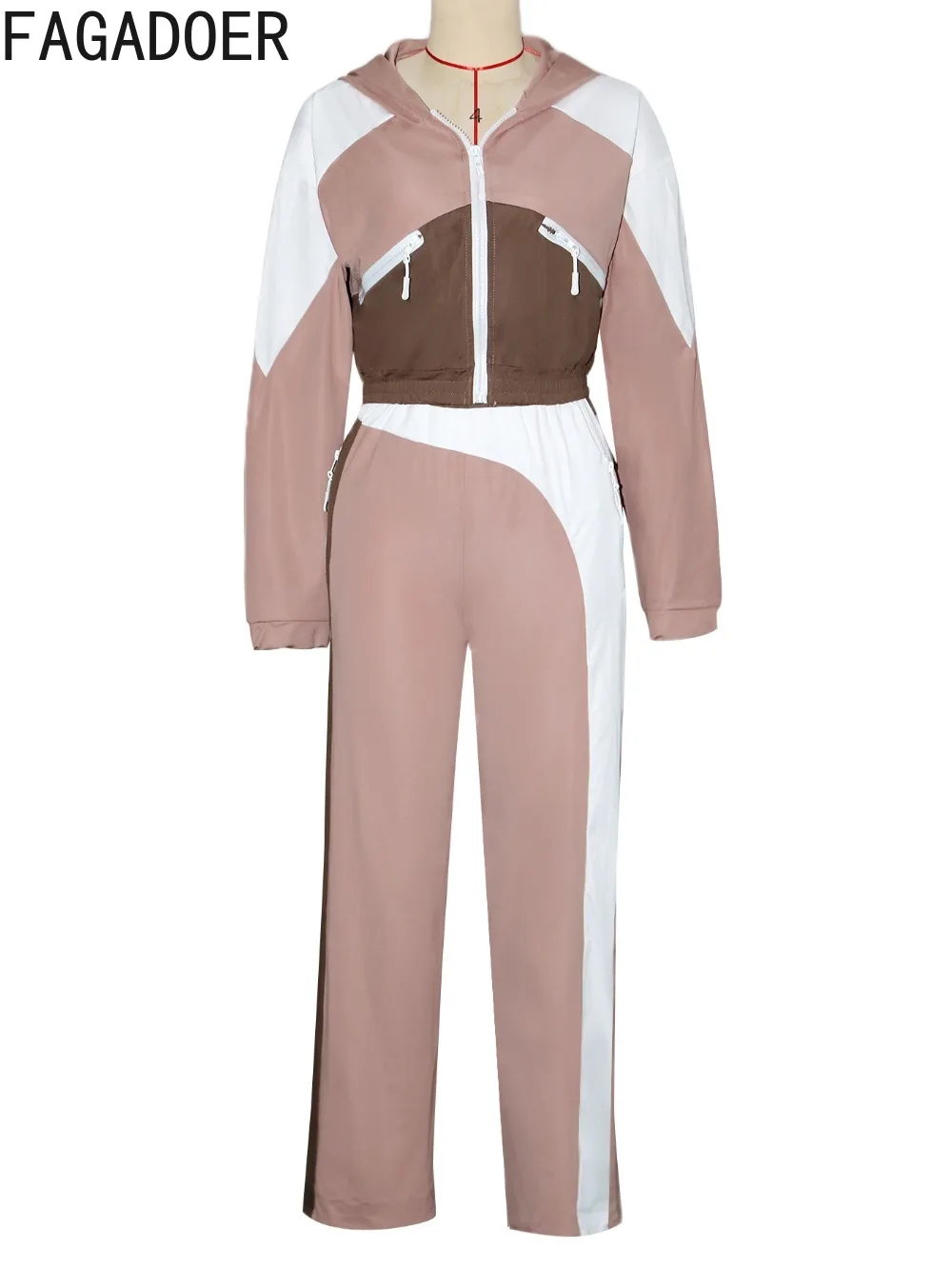 FAGADOER Новый зимний повседневный комплект из 2 предметов с цветными блоками для женщин, укороченный топ с карманами на молнии и брюки в стиле пэчворк, женская уличная одежда