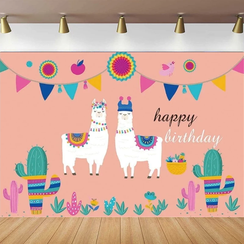 Llama Birthday Party Photography Backdrop Pink Baby Shower Decoration Poster Mexican Alpaca Cactus Flower Background Banner