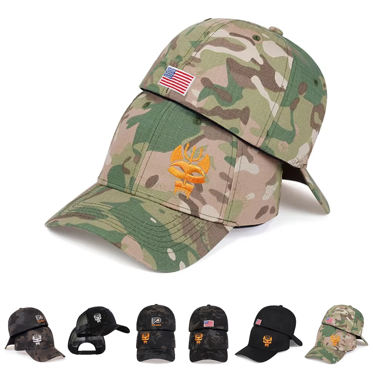 Unisex Forked Wolf Embroidery Snapback Camouflage Baseball Caps Spring and Autumn Outdoor Adjustable Casual Sunscreen Hat