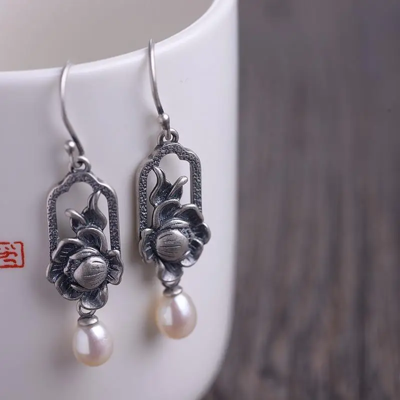 Natural Hetian White Magnolia enamel porcelain Pearl Earrings Chinese Bohemian charm women\'s silver brand jewelry