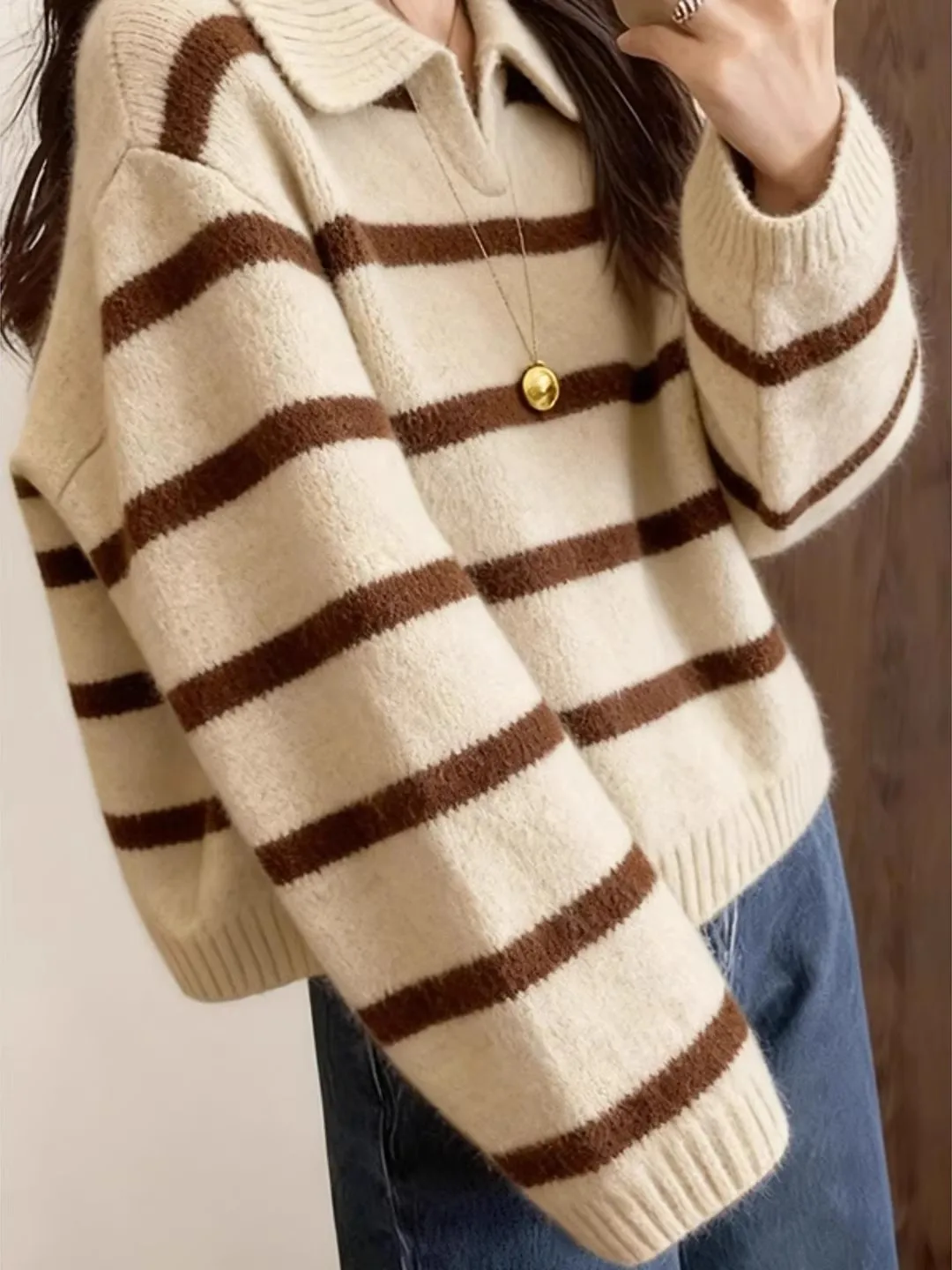 Brown Striped  Ne Knitted Sweater Loose Thiened Autumn Winter Women's Faion Commute Sle Long Sve Overhead Top
