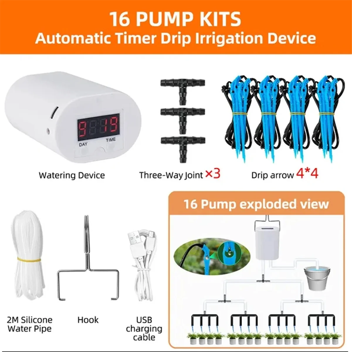 

16 Heads Automatic Plant Flower Watering Pump Accsesories Plants Sprinkler Drip Irrigation Device Water System Kit