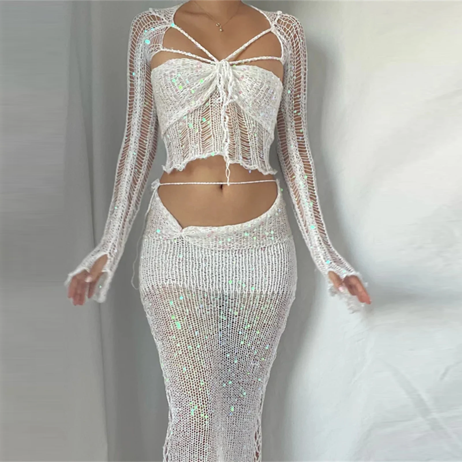 2024 Summer Women Crochet Knitted Dress Two Piece Skirt Sets Clothes Sexy Crop Tops Elegant Knit Sequin Dress 2 Piece Set Outfit