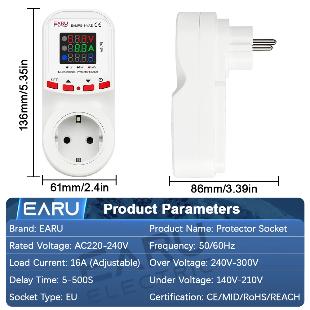 EARU Voltage Surge Current Limiter Protector EU Socket Plug 16A AC 230V Power Energy Monitor kWh Meter Refrigerator Protector