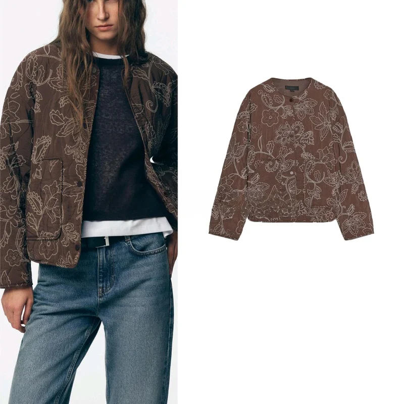 

Autumn Women's Long Sve round Ne Jaet Coat with kets Embroidered Bfled Coated Casual Sle Polyester Fiber