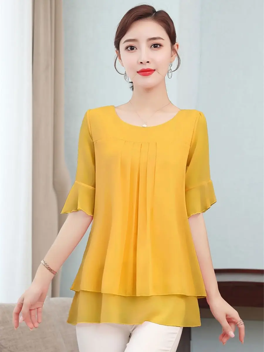 

Women's Chiffon Short-Sleeved Top Summer New Loose Belly-Covering Elegant Small Shirt Ladies Tops Blouse Women