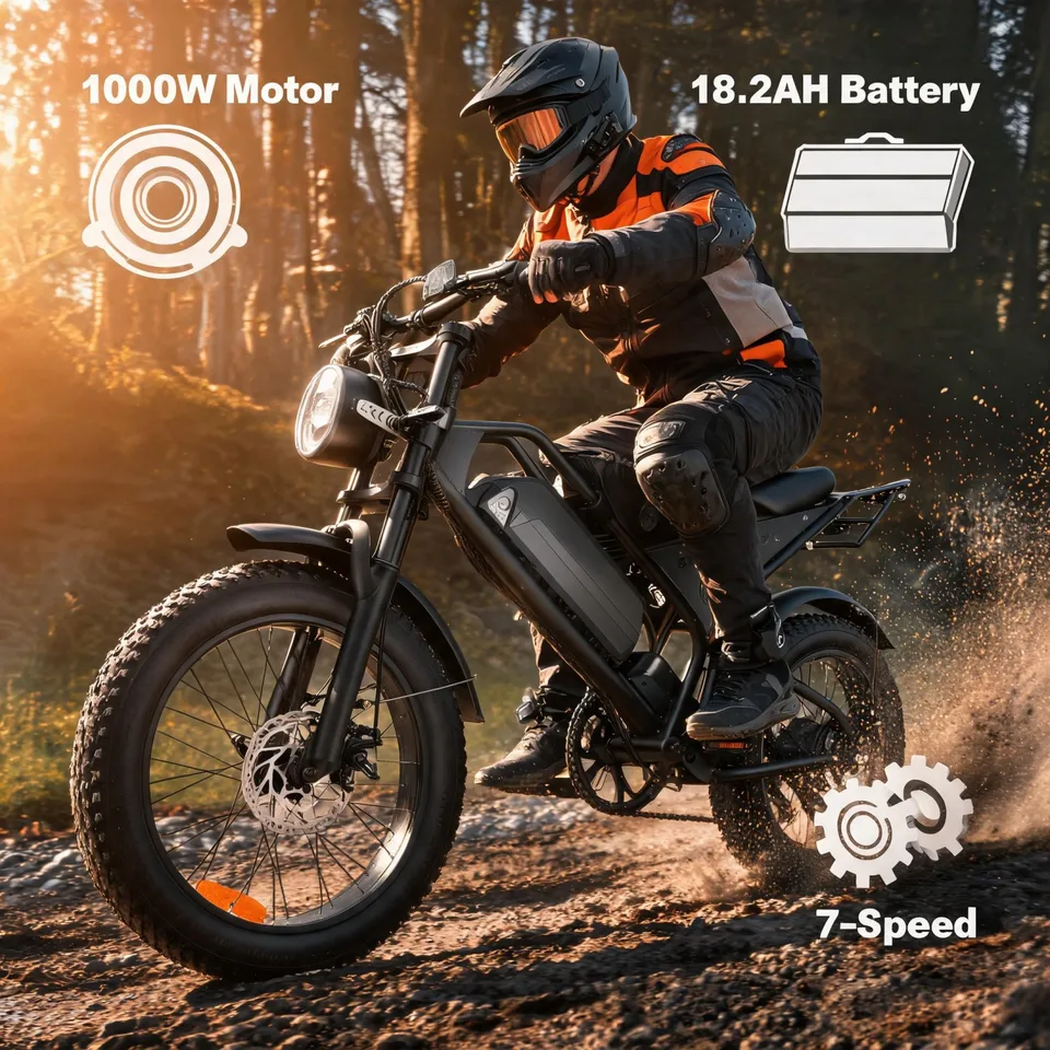 Heavy‑Duty Adult Commuter & Adventure Ebike,20" Fat Tire 1000W 48V 18.2Ah Long‑Range,Shimano 7‑Speed,Hydraulic Disc Brake,Front Turn Signal LED Headlight,Free Fenders Toolkit,USA Stock Fast Delivery for Trail Lovers image 1