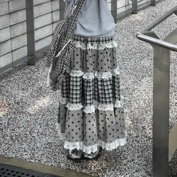 Elegant Retro Plaid Wave Point Skirts Lace Patchwork Ruffles A-line Skirt for Women Harajuku All-match Falda Sexy Mujer