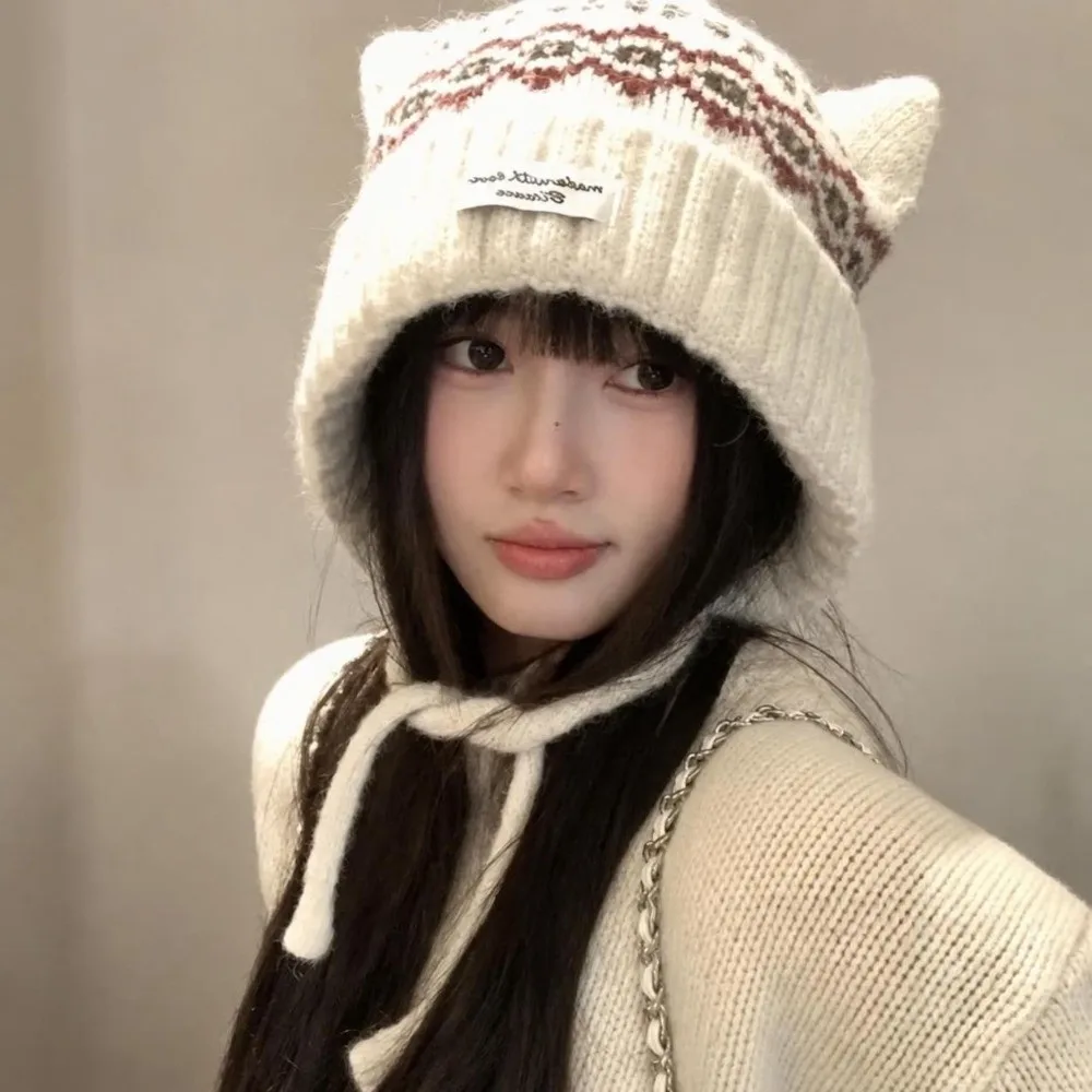 Cute Cat Ear Knitted Woolen Cap Windproof Thickened Ear Protection Cap Keep Warm Fell Island Style Winter Pullover Hat Winter
