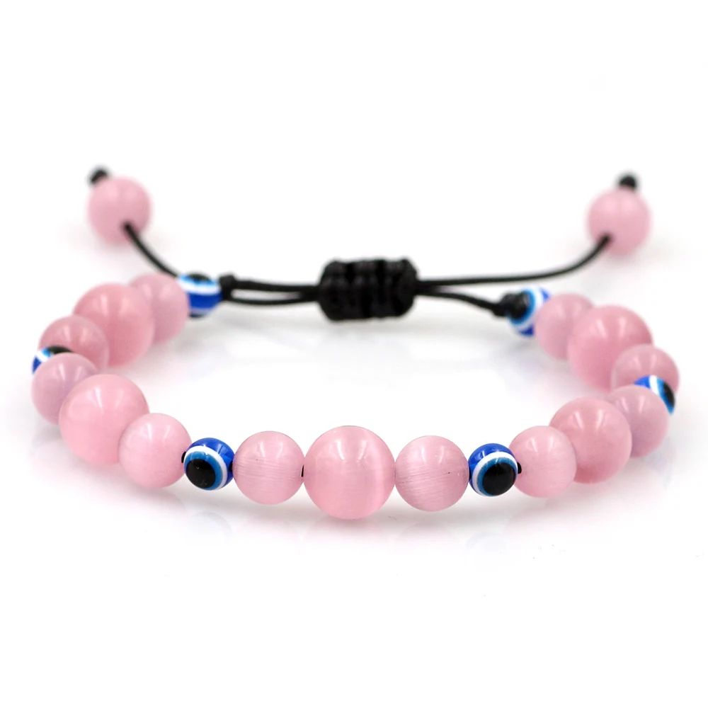 Natural Cat Eye Stone 6 8 10mm Blue Evil Eye Beaded Bracelets Men Bangles Adjustable Women Bracelet Lucky Yoga Jewelry Gifts