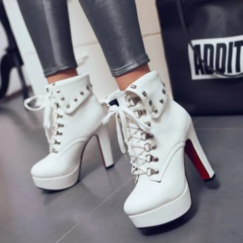

Winter Women Platform Ankle Boots 12cm Super High Chunky Heels Black Lace Up Motorcycle Lady Studded Punk Short Boot