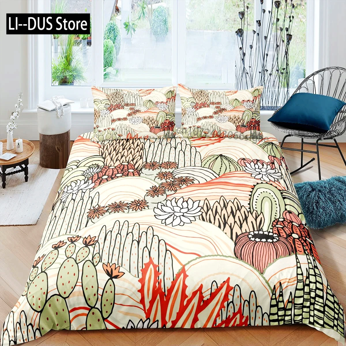 

Different Succulent Plants Duvet Cover Set, Decorative 3 Pieces Bedding Set with 2 Pillow Shams, Queen Full Size, Multicolor