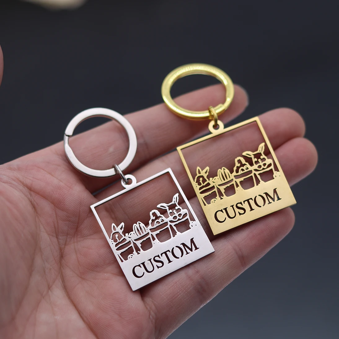 

QIAMNI брелок для ключей с мультяшным животным и кроликом, индивидуальное имя, держатель для ключей из нержавеющей стали, брелоки с именной табличкой кролика, сделай сам, подарки для любителей домашних животных