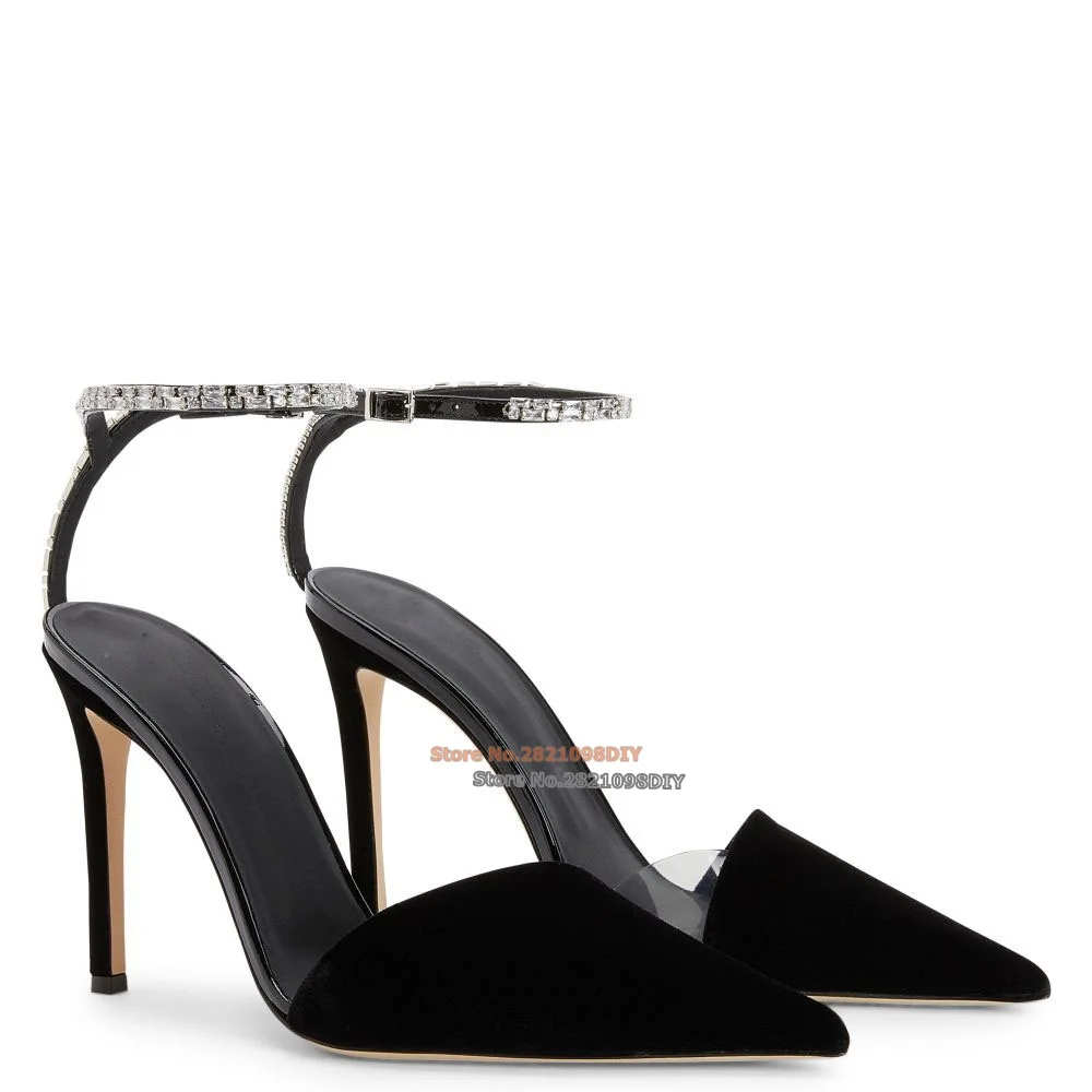 

Black Velvet with Matching Vinyl High Heel Dress Shoes Women Pointy Toe Crystal Coloured Ankle Strap Stiletto Heels Pumps
