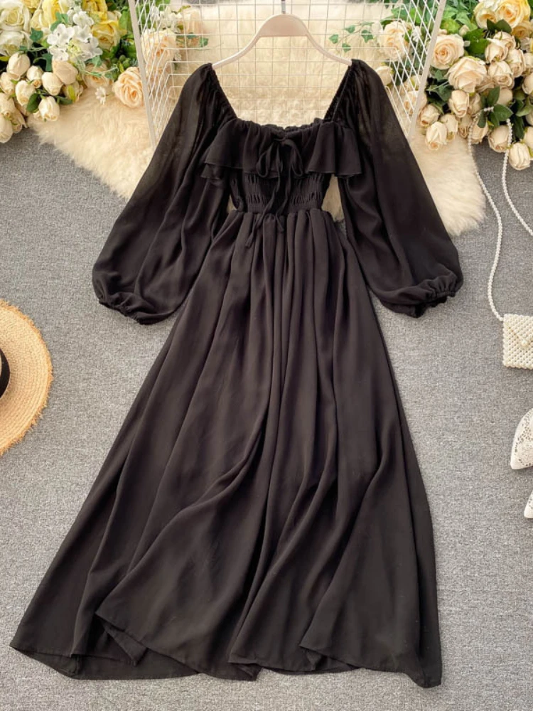 Chic Elegant Square Collar Maxi Dress Women Solid Chiffon Puff Sleeve Dresses 2024 Korean Fashion Vintage Ruffle Vestidos