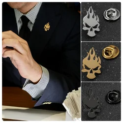 Punk flame skull head brooch, men's trendy and cool stainless steel badge, leather jacket personalized decorative pieces.