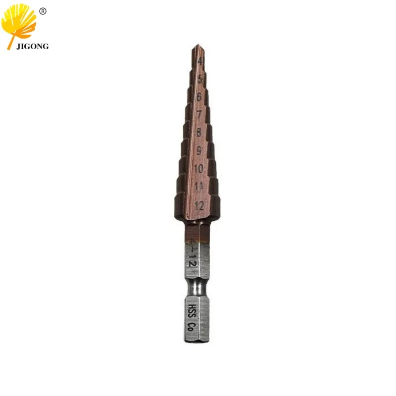 Stainless steel high hardness hexagonal shank straight groove step drill 4-12 9-step M35 cobalt-plated pagoda drill step drill,