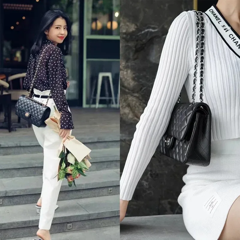 حقيبة عطر صغيرة الكافيار الذهب الأسود سلسلة جلدية الليتشي نمط الماس شبكة فاخرة المرأة حقيبة كتف كروسبودي #2