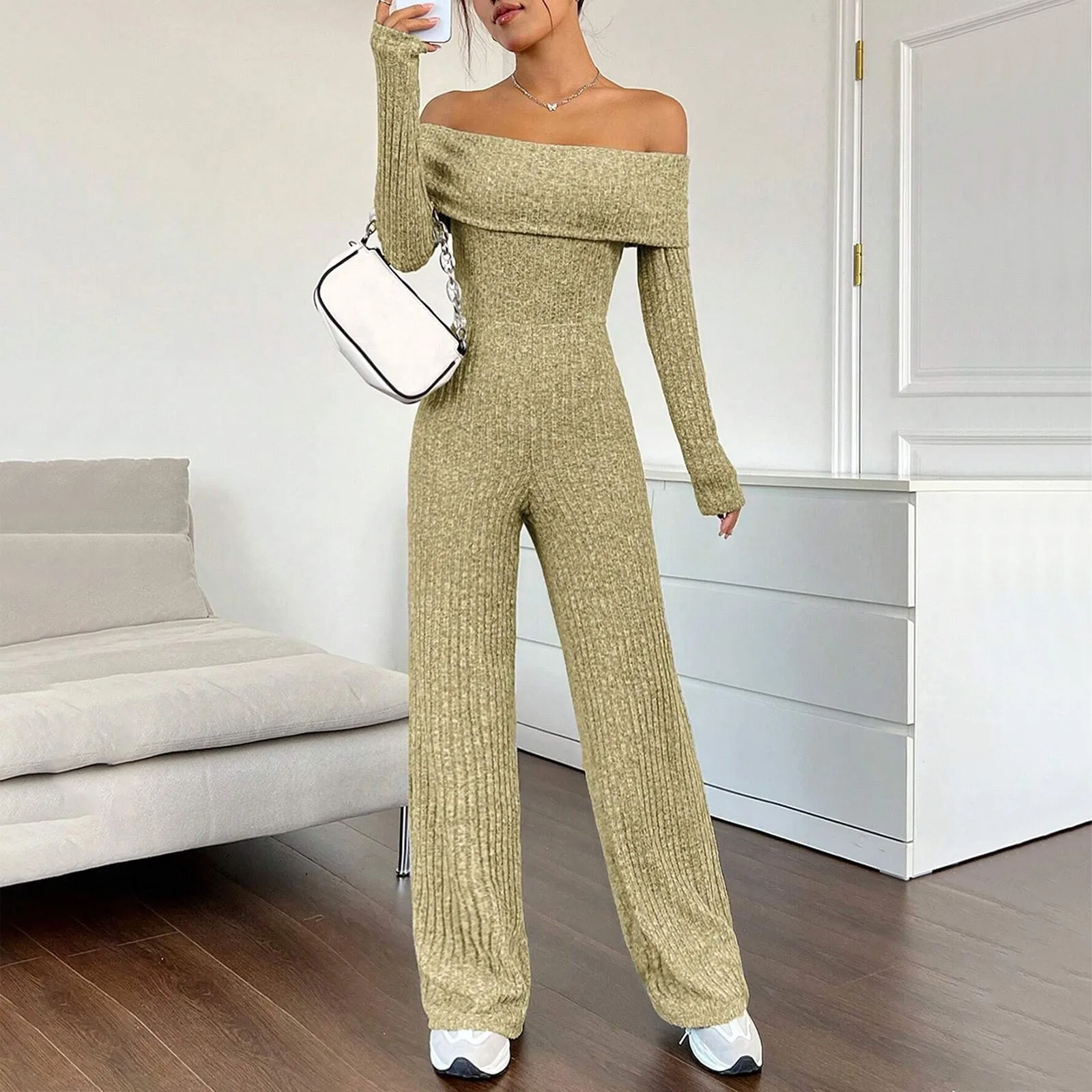 Women's Ribbed-knit Jumpsuit Fashion Casual Solid Folded Off-the-shoulder Jumpsuit Slim Fit Top Loose Wide Leg Bottom Jumpsuit