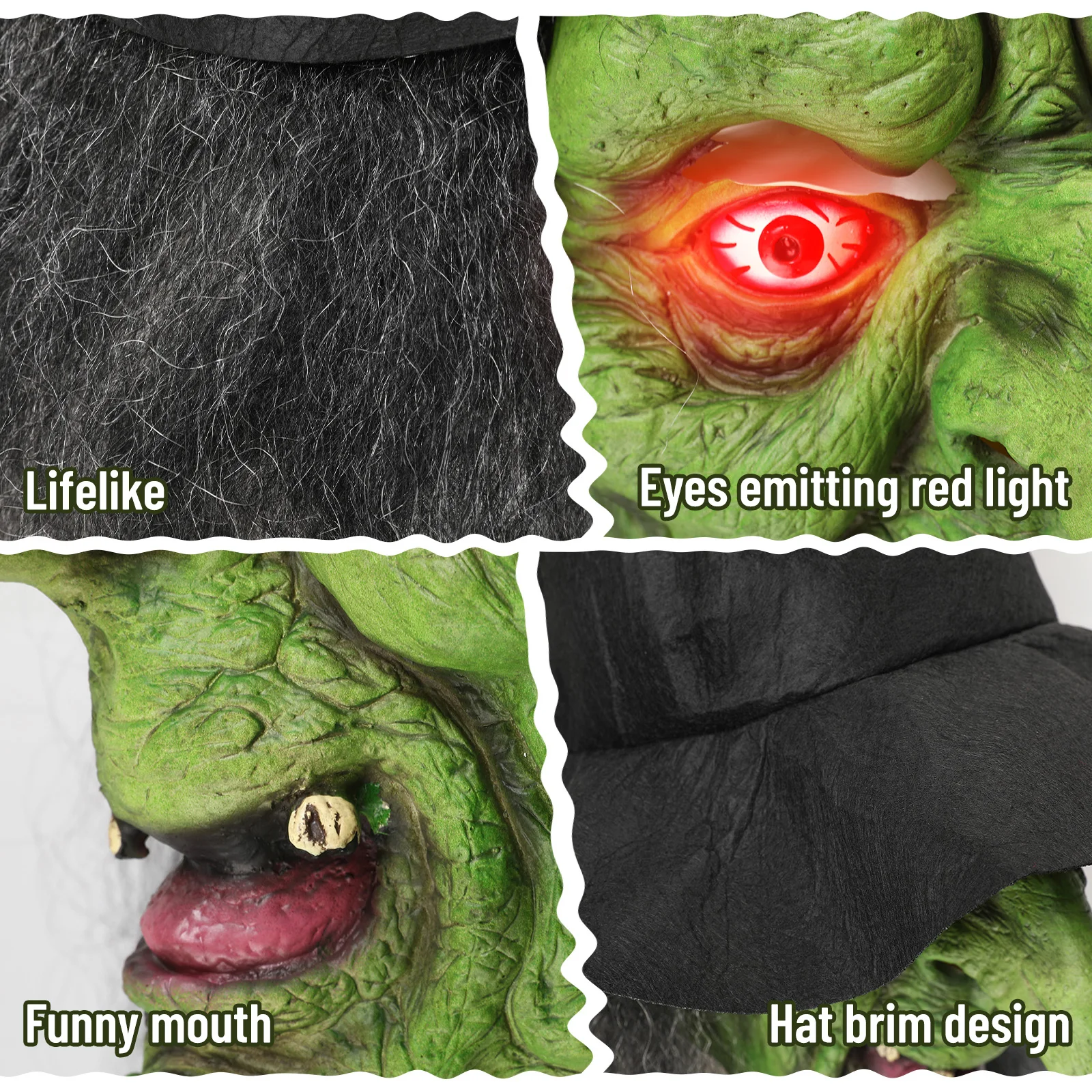 หน้ากากแม่มดโบราณสำหรับฮาโลวีน สีเขียวน่ากลัว หน้ากากแม่มดผู้แก่พร้อมผม หมวก แว่นตา เรืองแสง อุปกรณ์ประกอบคอสเพลย์ ชุดแม่มดสยองขวัญ แต่งหน้า