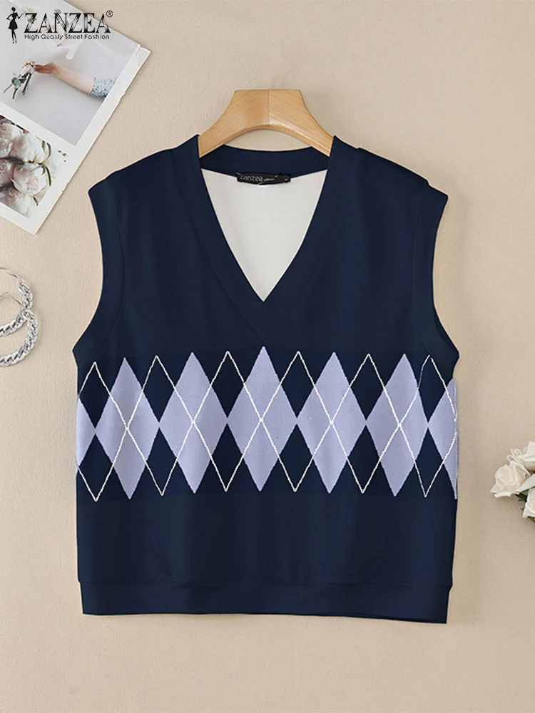 

ZANZEA 2022, осенний женский пуловер, свитера, жилеты, трикотаж без рукавов, топы, повседневные вязаные жилеты в клетку с принтом, модный джемпер с v-образным вырезом