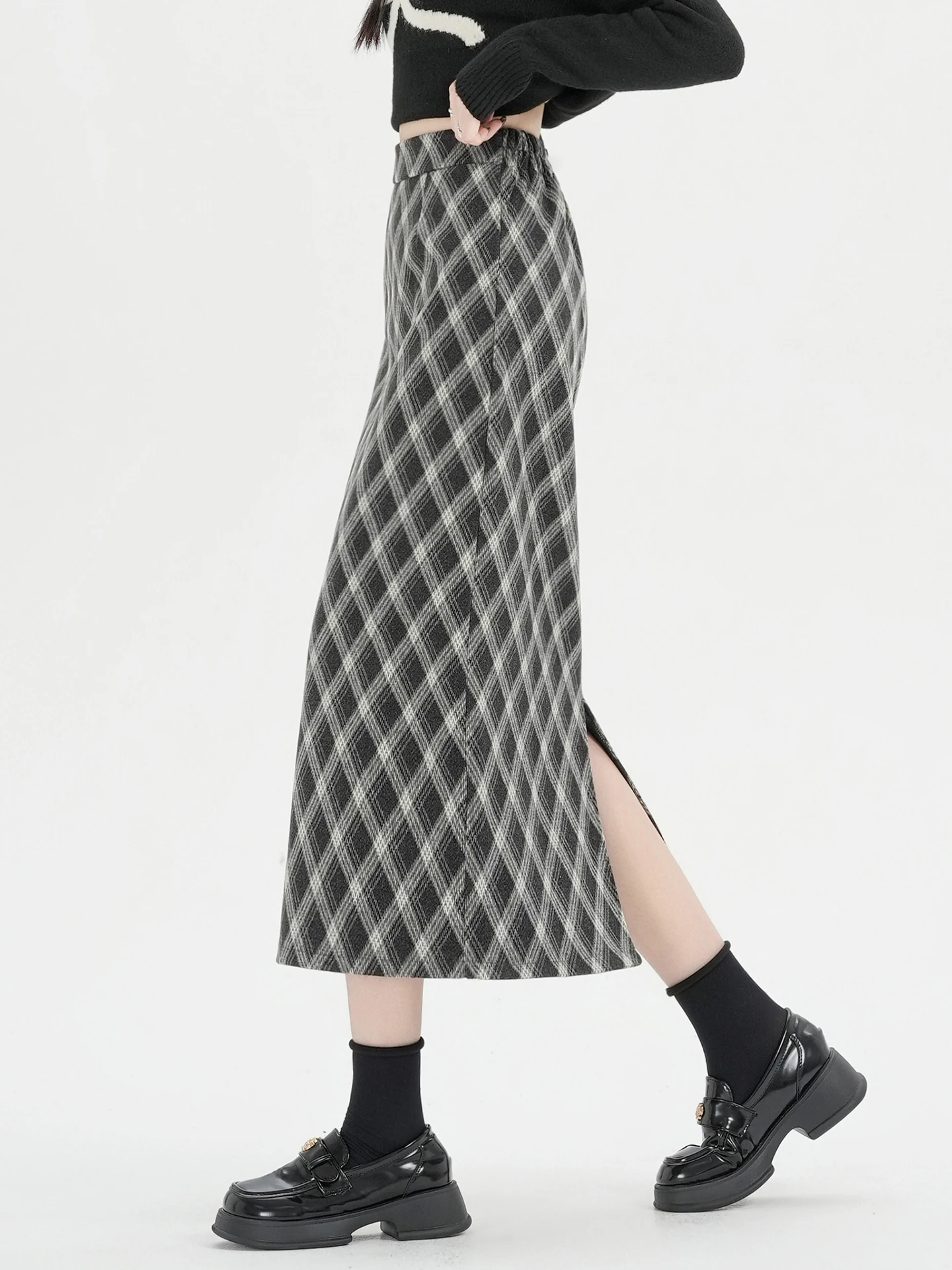 Hoge taille A-lijn rechte wollen rok Koreaanse Sle dames herfst winter geruite f-lengte rok met Ba Split