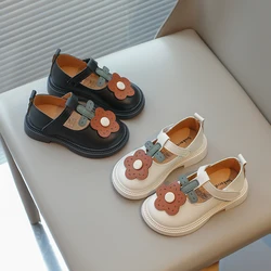 Baby Girls Leather Shoes Kids T-strap Flats with Sweet Flowers Toddlers Children Kindergarten School Princess Fashion Shoes Soft