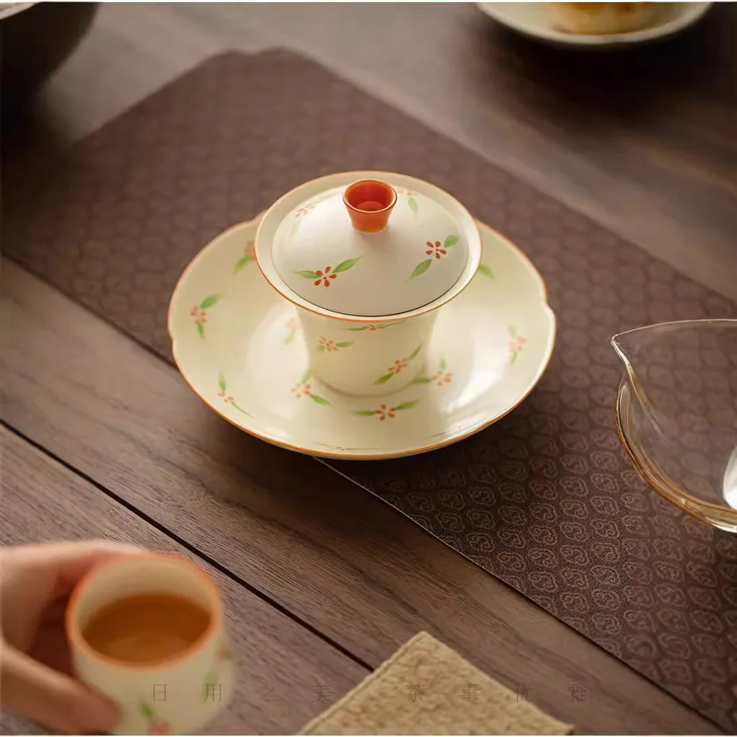 Beige Clapping Device Glaze Hand-Painted Gaiwan Large Single High-End Household Tea Cup Kung Fu Set with Lid Brewing Bowl