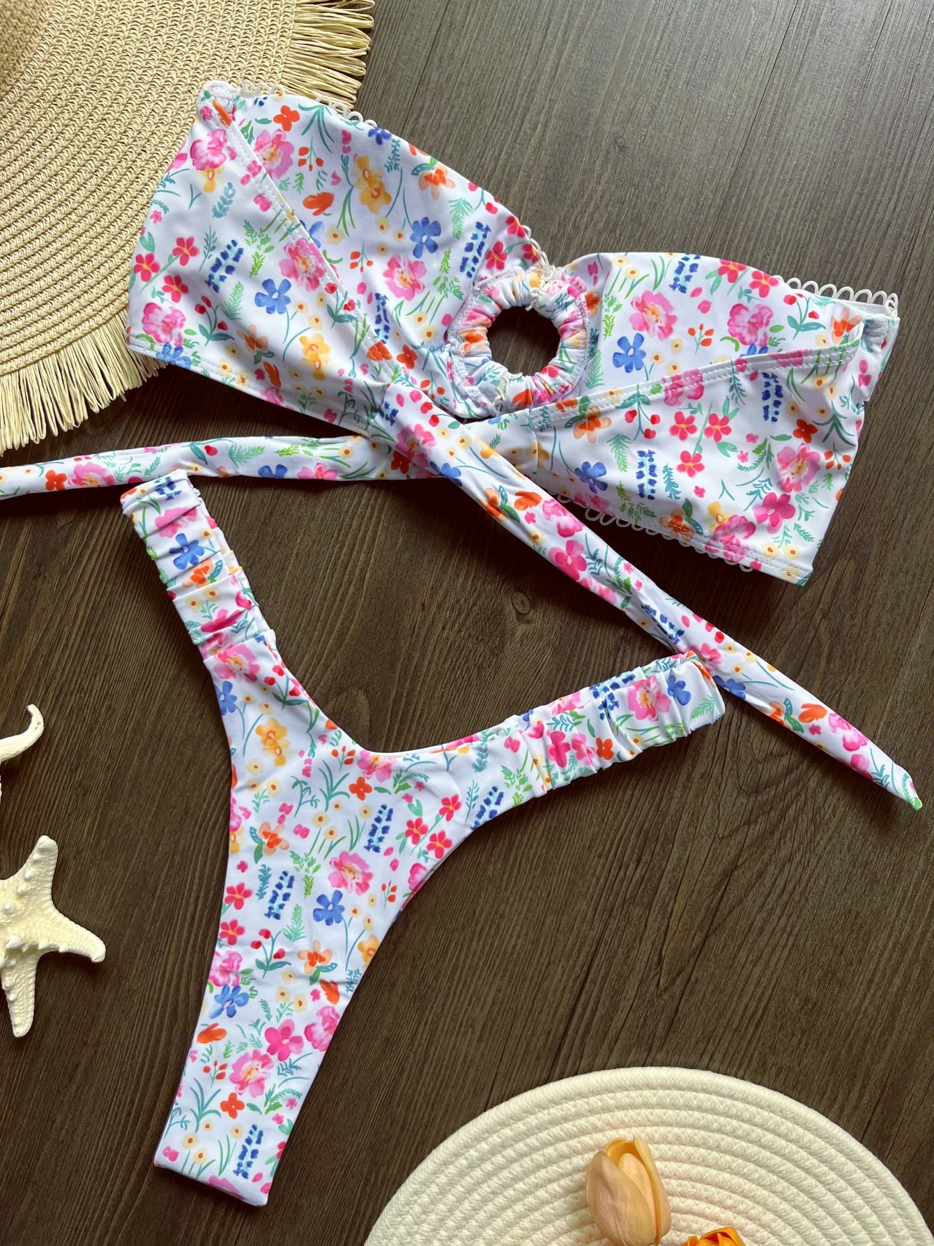 New Floral Bandeau High Leg Cut Thong Bikini Female Swimsuit Women Swimwear Two-pieces Bikini set Bather Bathing Suit Swim