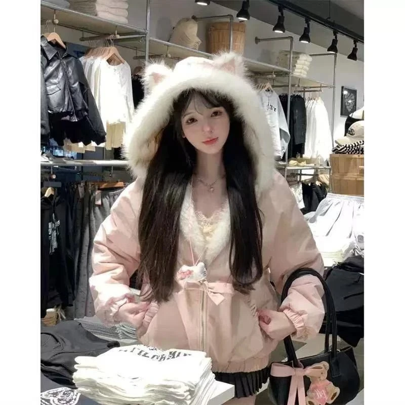 Japanese Kawaii Long Sleeve Hooded Faux Fur Collar Women Zipper Coat Vintage Subculture Harajuku Solid Color Autumn Streetwear