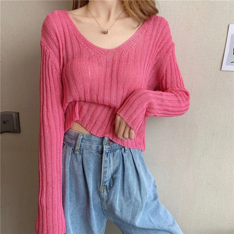 Zoki Loose Cropped Knitted Pullovers Women Sexy Hollow Out Long Sleeve Tops Korean Fall Fashion Long Sleeve Simple White Jumper