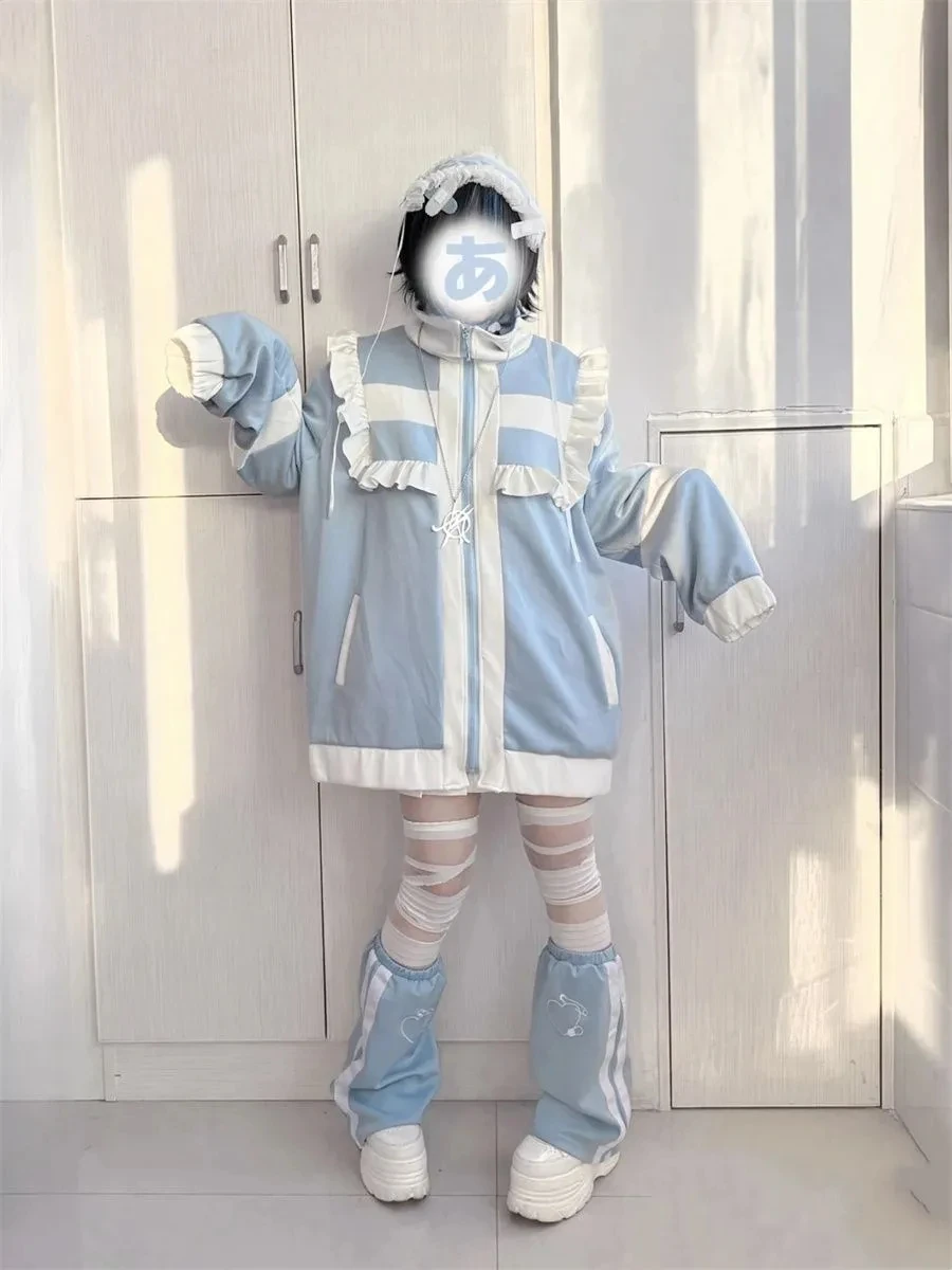 اليابانية Y2k الجمالية لوليتا نمط هوديس المرأة Harajuku سستة البلوز معاطف فضفاضة الخريف الجرونج عادية الكشكشة التصحيح معطف