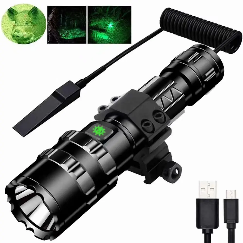 

Outdoor L2 LED Green Light 1600 Lumens 10W USB Rechargeable Tactical Flashlight Hunting Lamp