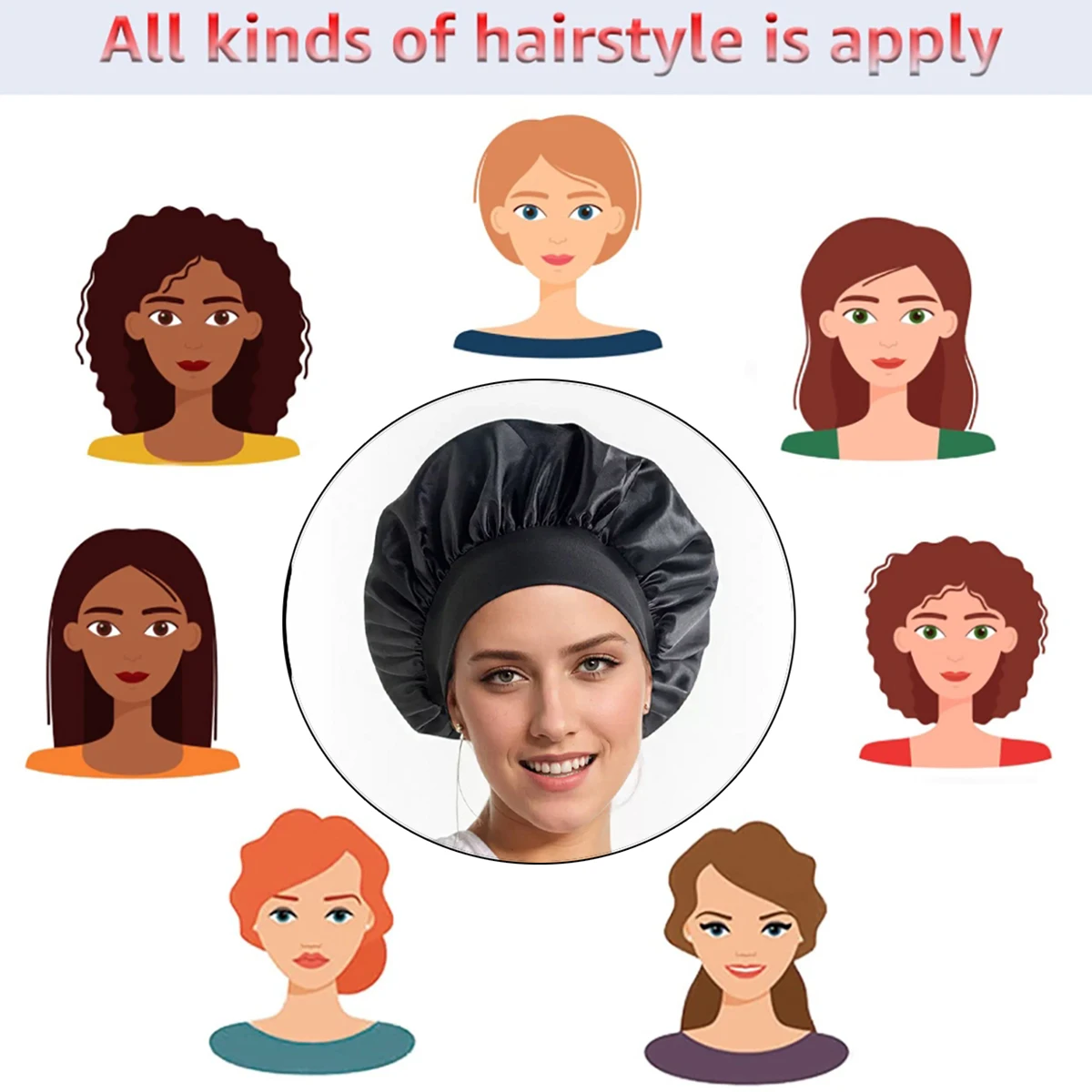 3개입 새틴 와이드 브림 나이트캡, 신축성 있는 부드러운 밴드가 있는 나이트캡, 데일리 홈 캐주얼 나이트캡, 실제 모발 가발 전용