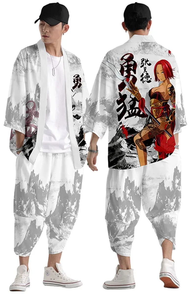 Japanese Traditional Clothing Invincible Print Kimono Pants Men Retro Yukata Asian Fashion Tang Suit Harajuku Hanfu Yukata Jacke