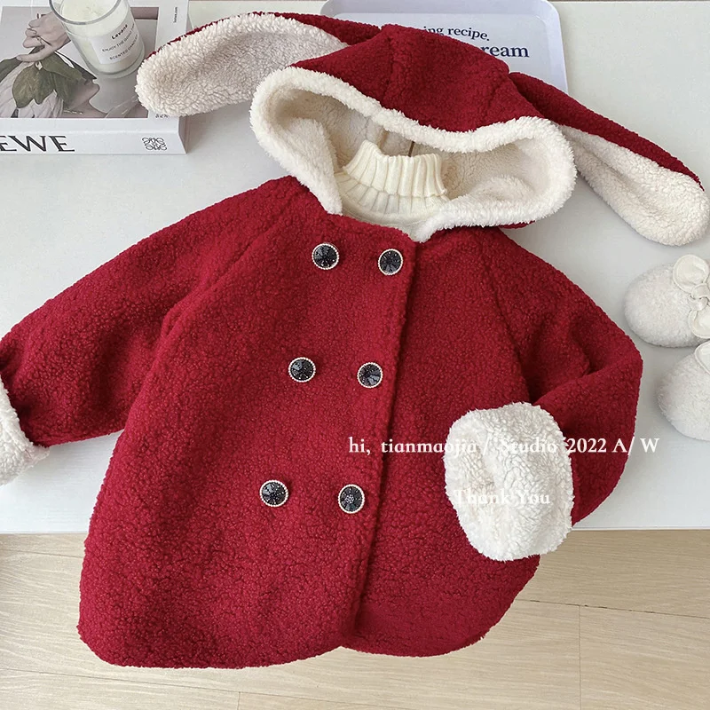 1-6Y Girls Lambswool Jackets Children Autumn Winter Warm Woolen Coats Kids Padded Thick Overcoat Infant Ears Hooded Clothing