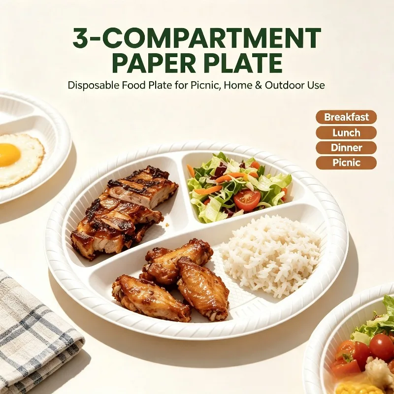 10/20/30PCS 3 Compartment Disposable Bagasse Plates, Eco-friendly Degradable Food Trays for Party, Camping and Catering