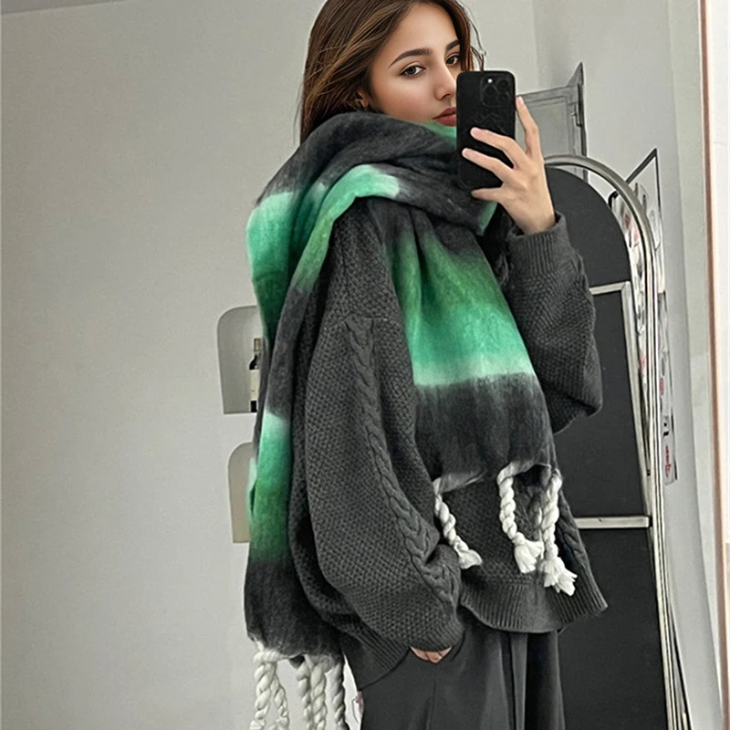 Women Winter Tassles Stripe Blended Cashmere Scarf Shawl Fashion Long Big Size Wrap Ladies Outdoor Pashmina Scarves 200*46cm