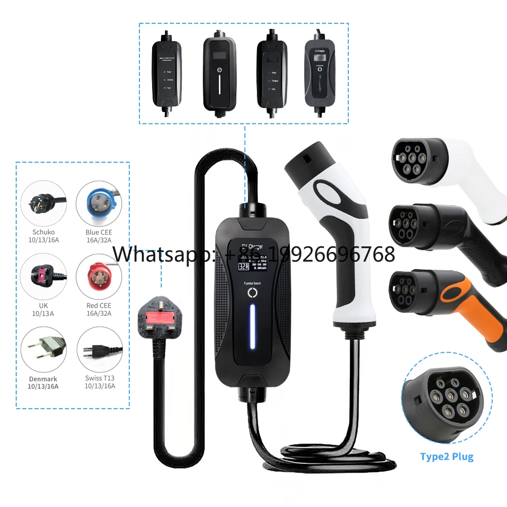 

13A Type 2 Adjustable Mobile Level 2 Ev Charger Ac Station OLCD Screen Portable Electric Vehicle with UK Plug